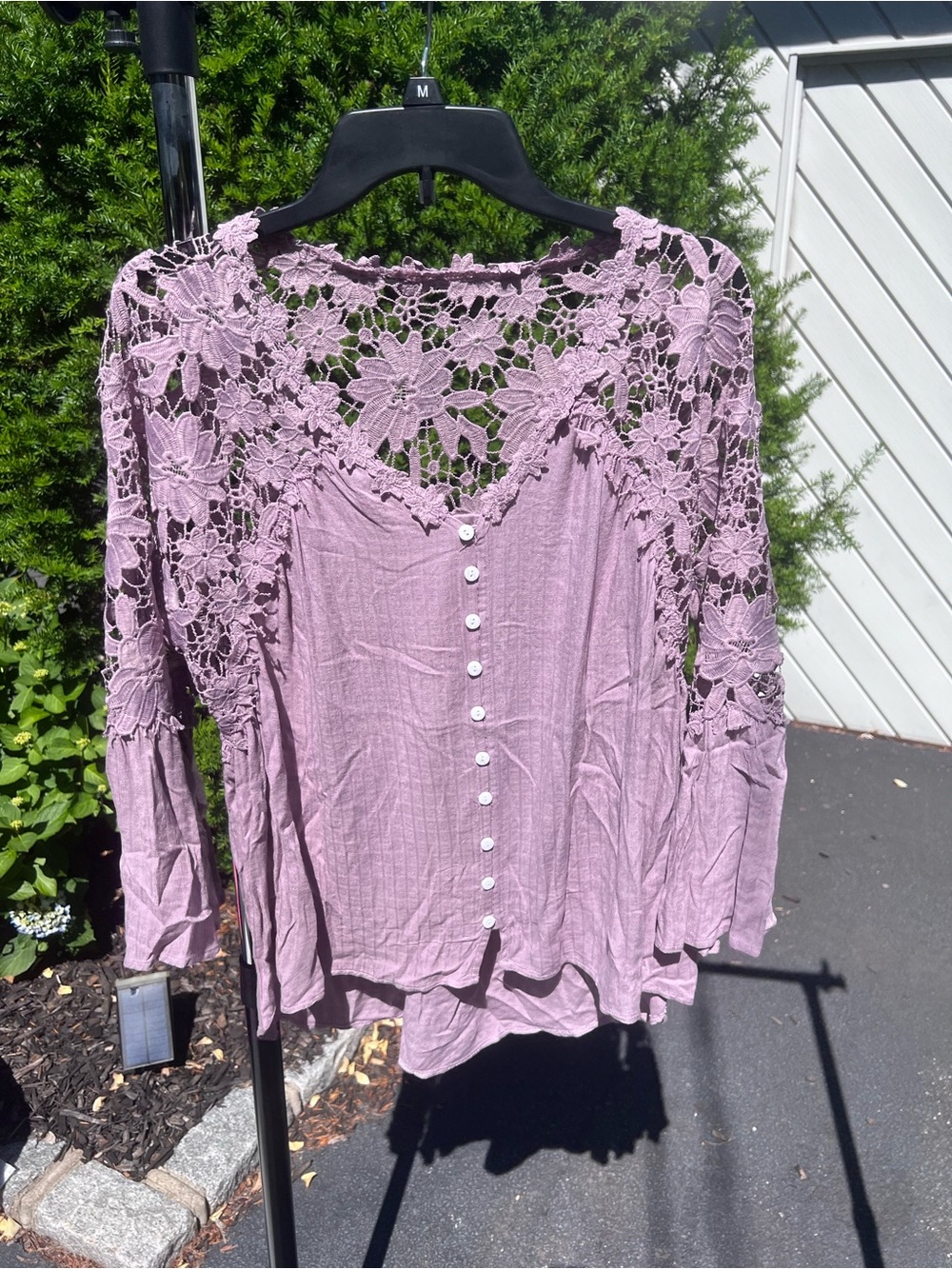 Crochet Yoke Faux Button-Front Blouse in Dusty Mauve